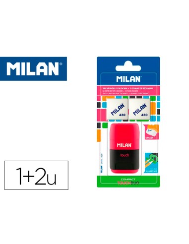 Sacapuntas milan compact touch duo plastico 2 usos con goma 2 recambios de goma en blister