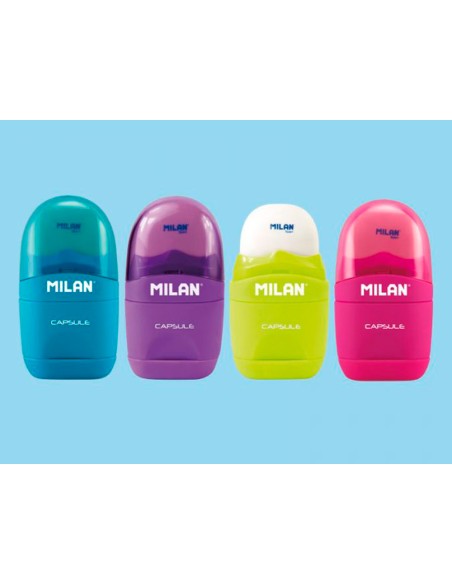 Sacapuntas milan capsule plastico 1 uso con goma 2 recambios de goma en blister