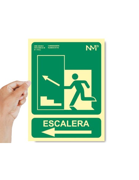 Pictograma archivo 2000 salida emergencia escalera sube izquierda pvc verde luminiscente 224x300 mm