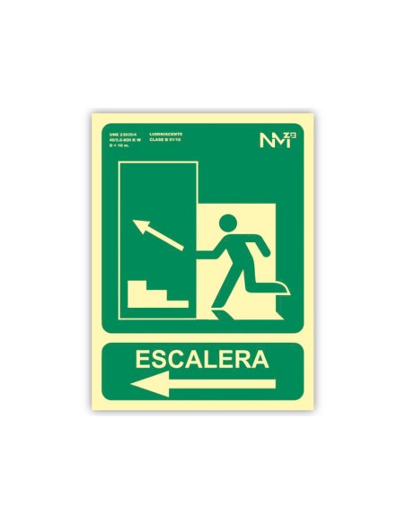 Pictograma archivo 2000 salida emergencia escalera sube izquierda pvc verde luminiscente 224x300 mm