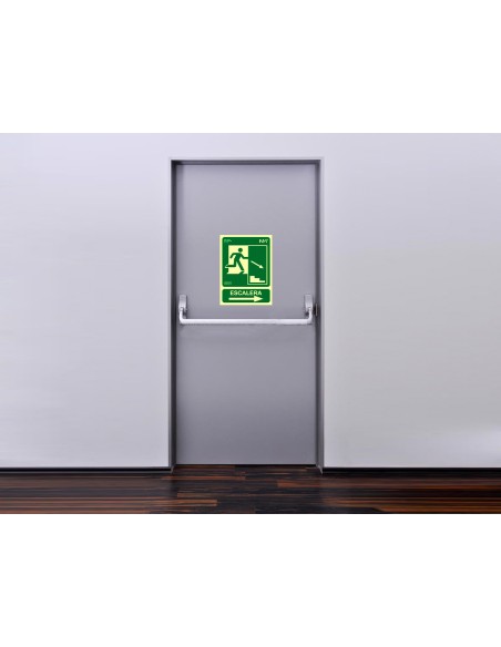 Pictograma archivo 2000 salida emergencia escalera baja derecha pvc verde luminiscente 224x300 mm