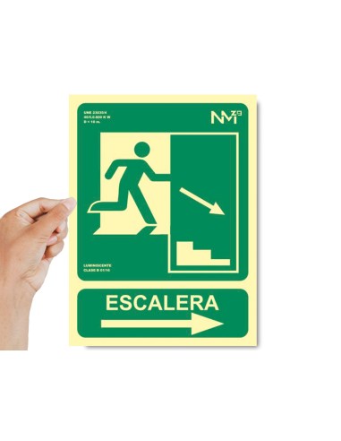 Pictograma archivo 2000 salida emergencia escalera baja derecha pvc verde luminiscente 224x300 mm