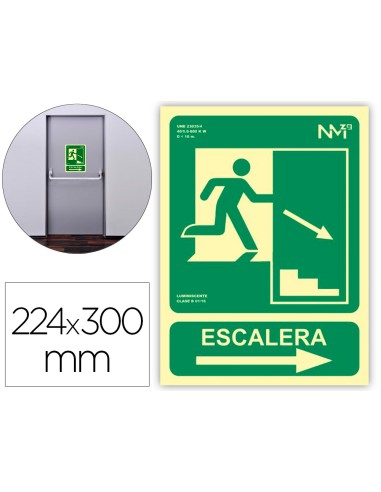 Pictograma archivo 2000 salida emergencia escalera baja derecha pvc verde luminiscente 224x300 mm