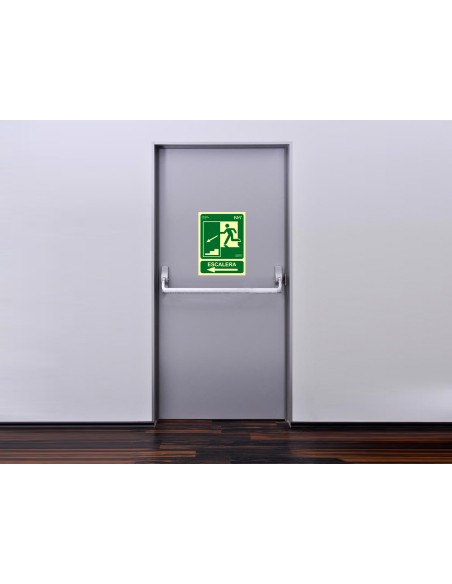 Pictograma archivo 2000 salida emergencia escalera baja izquierda pvc verde luminiscente 224x300 mm