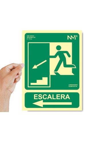 Pictograma archivo 2000 salida emergencia escalera baja izquierda pvc verde luminiscente 224x300 mm