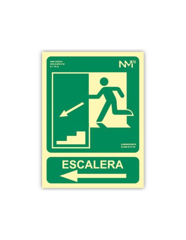 Pictograma archivo 2000 salida emergencia escalera baja izquierda pvc verde luminiscente 224x300 mm