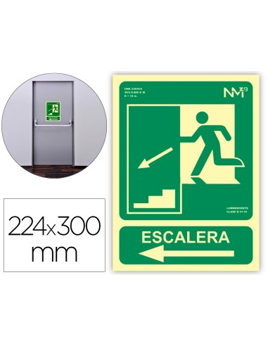 Pictograma archivo 2000 salida emergencia escalera baja izquierda pvc verde luminiscente 224x300 mm