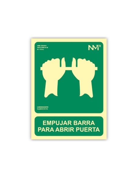 Pictograma archivo 2000 empujar barra para abrir puerta pvc verde luminiscente 224x300 mm