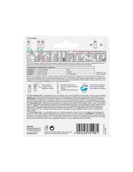 Clavo autoadhesivo tesa sujecion hasta 2 kg uso paredes pintadas removible blister de 2 unidades