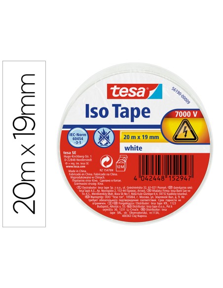 Cinta adhesiva aislante tesa 20 mt x 19 mm color blanco