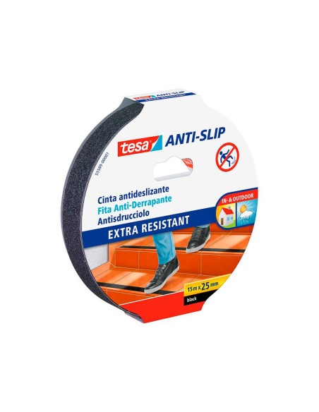 Cinta antideslizante adhesiva tesa uso interior exterior color negro 15 mt x 25 mm