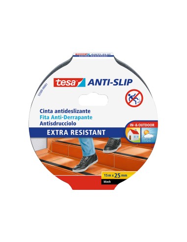 Cinta antideslizante adhesiva tesa uso interior exterior color negro 15 mt x 25 mm