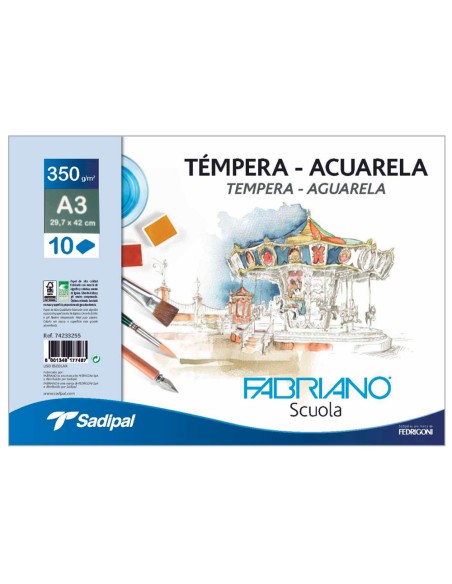 Bloc dibujo acuarela sadipal fabriano espiral din a3 10 hojas 350 g m2 grano suave