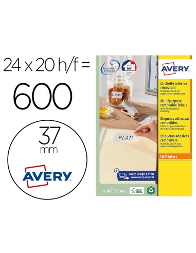 Etiqueta adhesiva avery blanca redonda removible para laser ink jet fotocopiadora 37 mm caja de 600 unidades