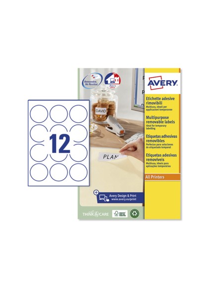 Etiqueta adhesiva avery blanca redonda removible para laser ink jet fotocopiadora 60 mm caja de 240 unidades
