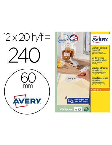 Etiqueta adhesiva avery blanca redonda removible para laser ink jet fotocopiadora 60 mm caja de 240 unidades