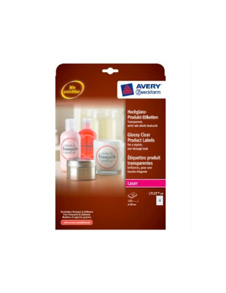 Etiqueta adhesiva avery brillante invisible redonda laser 60 mm caja de 120 unidades