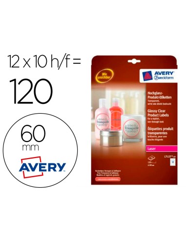 Etiqueta adhesiva avery brillante invisible redonda laser 60 mm caja de 120 unidades