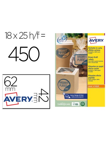 Etiqueta adhesiva avery kraft efecto carton rectangular 62x42 mm removible para laser ink jet caja de 160 unidades