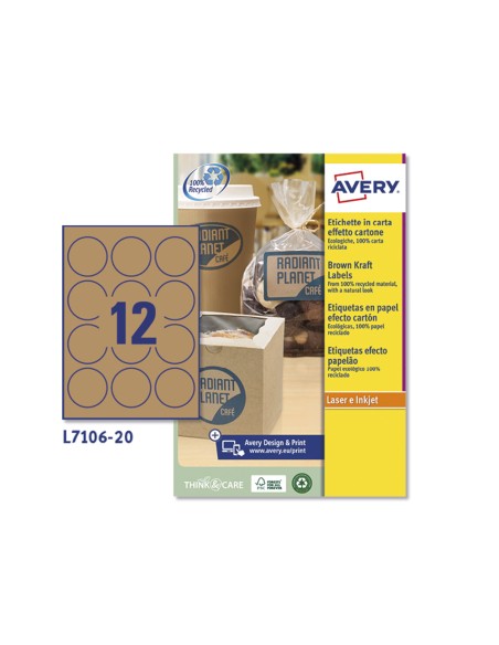 Etiqueta adhesiva avery kraft efecto carton redonda 60 mm removible para laser ink jet caja de 300 unidades