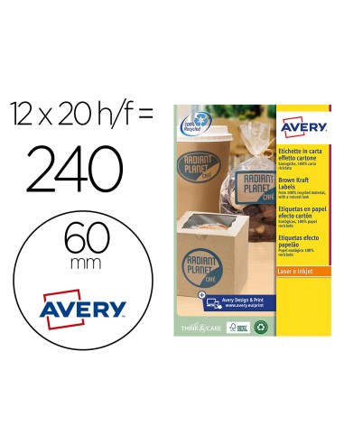 Etiqueta adhesiva avery kraft efecto carton redonda 60 mm removible para laser ink jet caja de 300 unidades