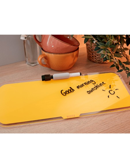 Pizarra leitz cosy sobremesa cristal con rotulador y borrador amarillo 150x60x380 mm