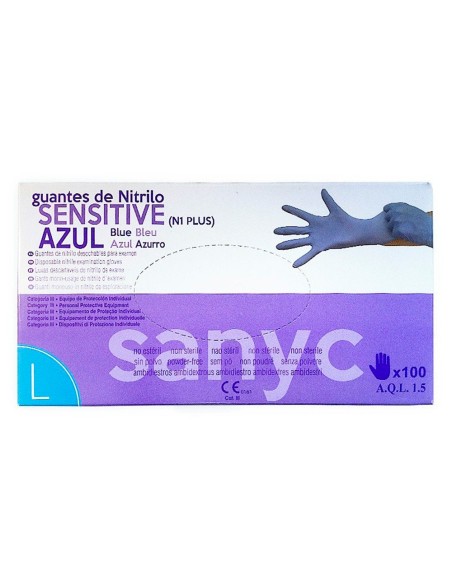Guantes de nitrilo desechable sensitive sin polvo talla l grande color azul caja de 100 unidades