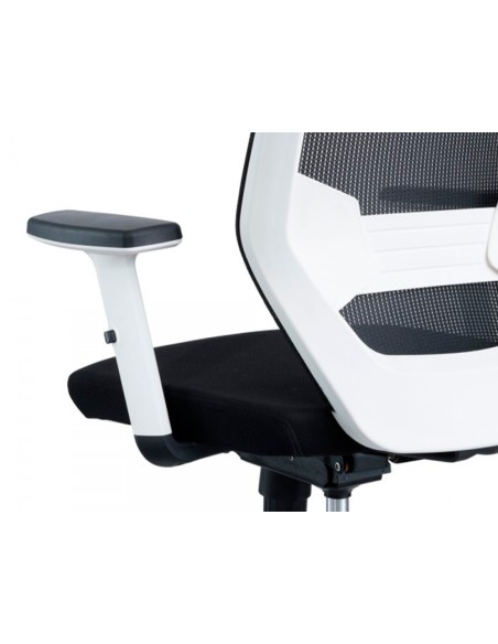 Silla rocada de oficina con brazos regulables y respaldo malla negro tapizada en tela ignifuga negro color blanco Silla rocada de oficina con brazos regulables y respaldo malla negro tapizada en tela ignifuga negro color blanco