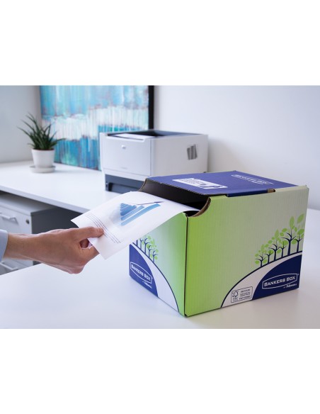 Contenedor papelera reciclaje fellowes sobremesa carton 100 reciclado montaje manual entrada frontal y tapa