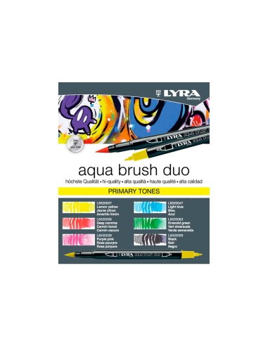 Rotulador lyra aqua brush acuarelable doble punta y pincel tonos primarios blister de 6 unidades