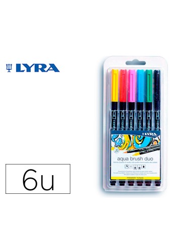Rotulador lyra aqua brush acuarelable doble punta y pincel tonos primarios blister de 6 unidades
