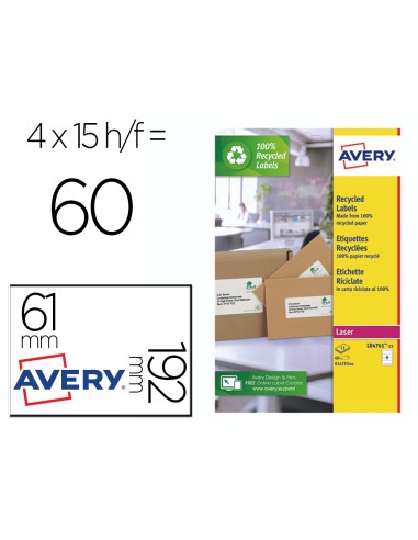 Etiqueta adhesiva avery papel blanco reciclado para archivador 192x61 mm laser pack de 400 etiquetas