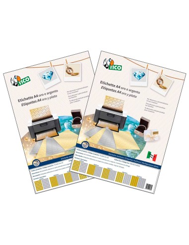 Etiqueta adhesiva tico papel satinado oro plata laser medidas surtidas caja de 626 unidades