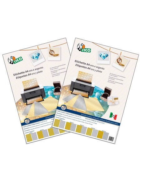 Etiqueta adhesiva tico papel satinado oro plata laser medidas surtidas caja de 626 unidades