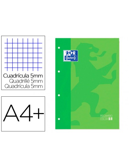 Recambio color 1 oxford din a4 80 hojas 90 gr cuadro 5 mm 4 taladros color verde manzana