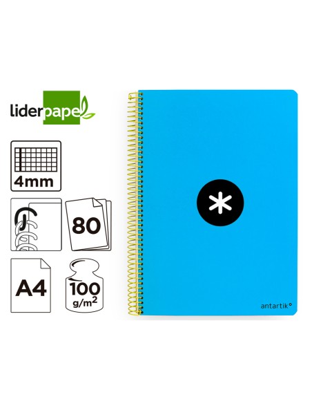 Cuaderno espiral a4 antartik tapa dura 80h 90gr cuadro 4mm con margen color azul