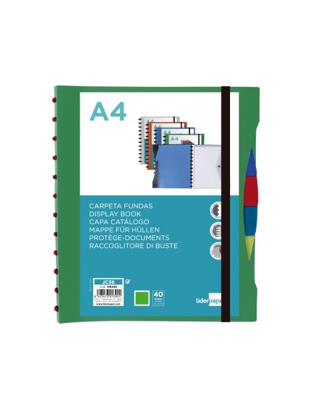 Carpeta liderpapel a4 con 40 fundas intercambiables 5 sep sobre y gomilla portada y lomo personalizable verde
