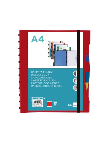Carpeta liderpapel a4 con 40 fundas intercambiables 5 sep sobre y gomilla portada y lomo personalizable rojo