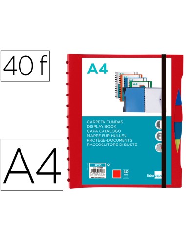 Carpeta liderpapel a4 con 40 fundas intercambiables 5 sep sobre y gomilla portada y lomo personalizable rojo