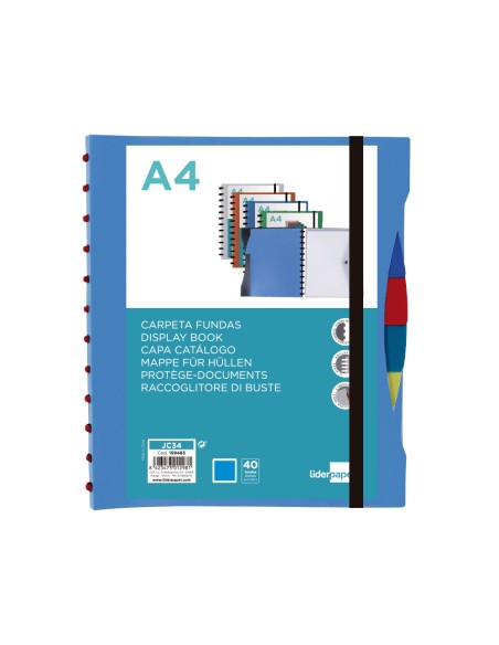 Carpeta liderpapel a4 con 40 fundas intercambiables 5 sep sobre y gomilla portada y lomo personalizable azul