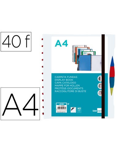 Carpeta liderpapel a4 con 40 fundas intercambiables 5 sep sobre y gomilla portada y lomopersonalizable transparente