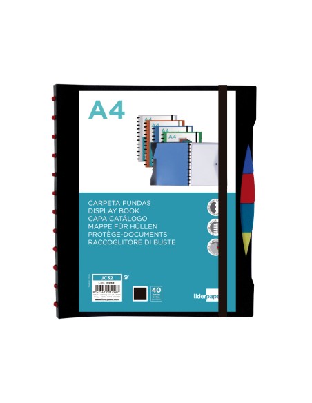 Carpeta liderpapel a4 con 40 fundas intercambiables 5 sep sobre y gomilla portada y lomo personalizable negro