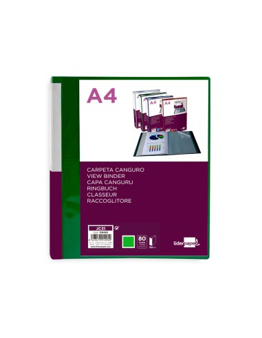 Carpeta liderpapel 80 fundas canguro pp din a4 verde translucido portada y lomo personalizable
