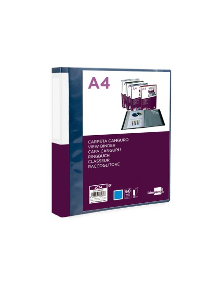 Carpeta liderpapel 60 fundas canguro pp din a4 azul translucido portada y lomo personalizable