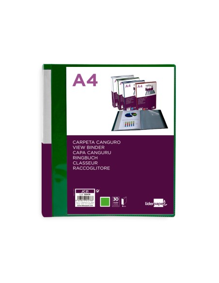 Carpeta liderpapel 30 fundas canguro pp din a4 verde translucido portada y lomo personalizable