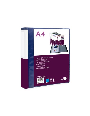 Carpeta liderpapel 30 fundas canguro pp din a4 azul translucido portada y lomo personalizable