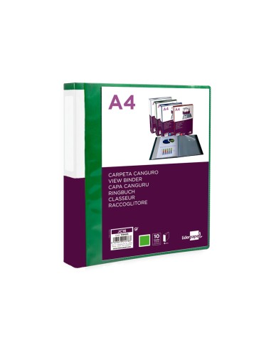 Carpeta liderpapel 10 fundas canguro pp din a4 verde translucido portada y lomo personalizable
