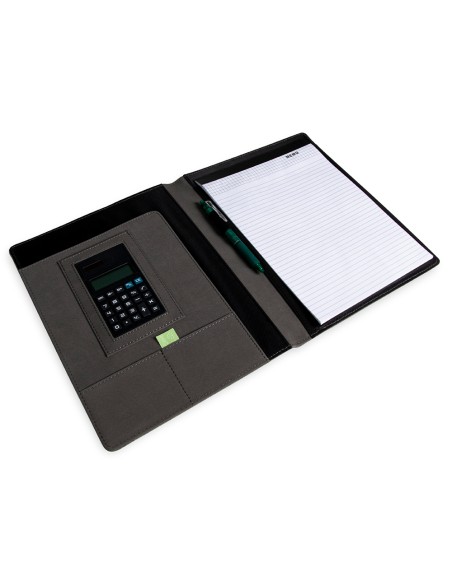 Carpeta portafolios q connect a4 con calculadora bloc 20 hojas y departamentos interiores color gris 250x315