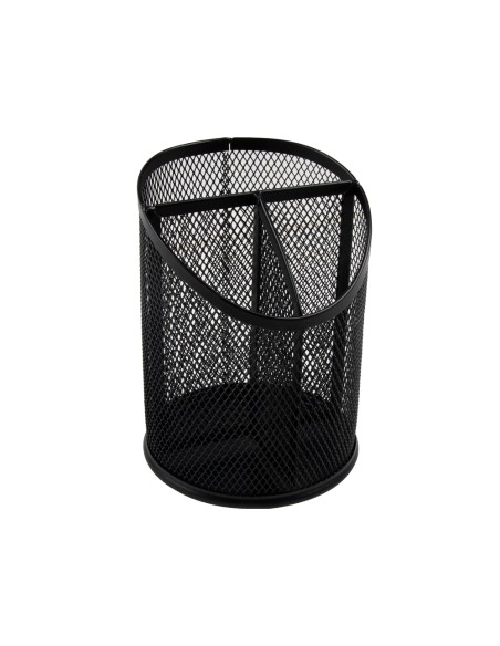 Cubilete portalapices q connect negro metal redondo rejilla con 3 compartimentos diametro 110 mm alto 147 mm