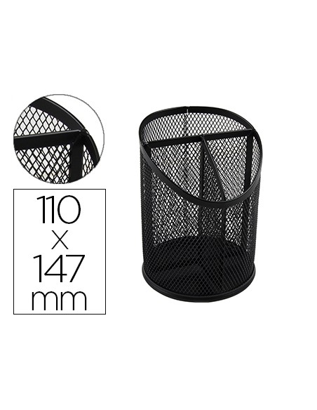 Cubilete portalapices q connect negro metal redondo rejilla con 3 compartimentos diametro 110 mm alto 147 mm